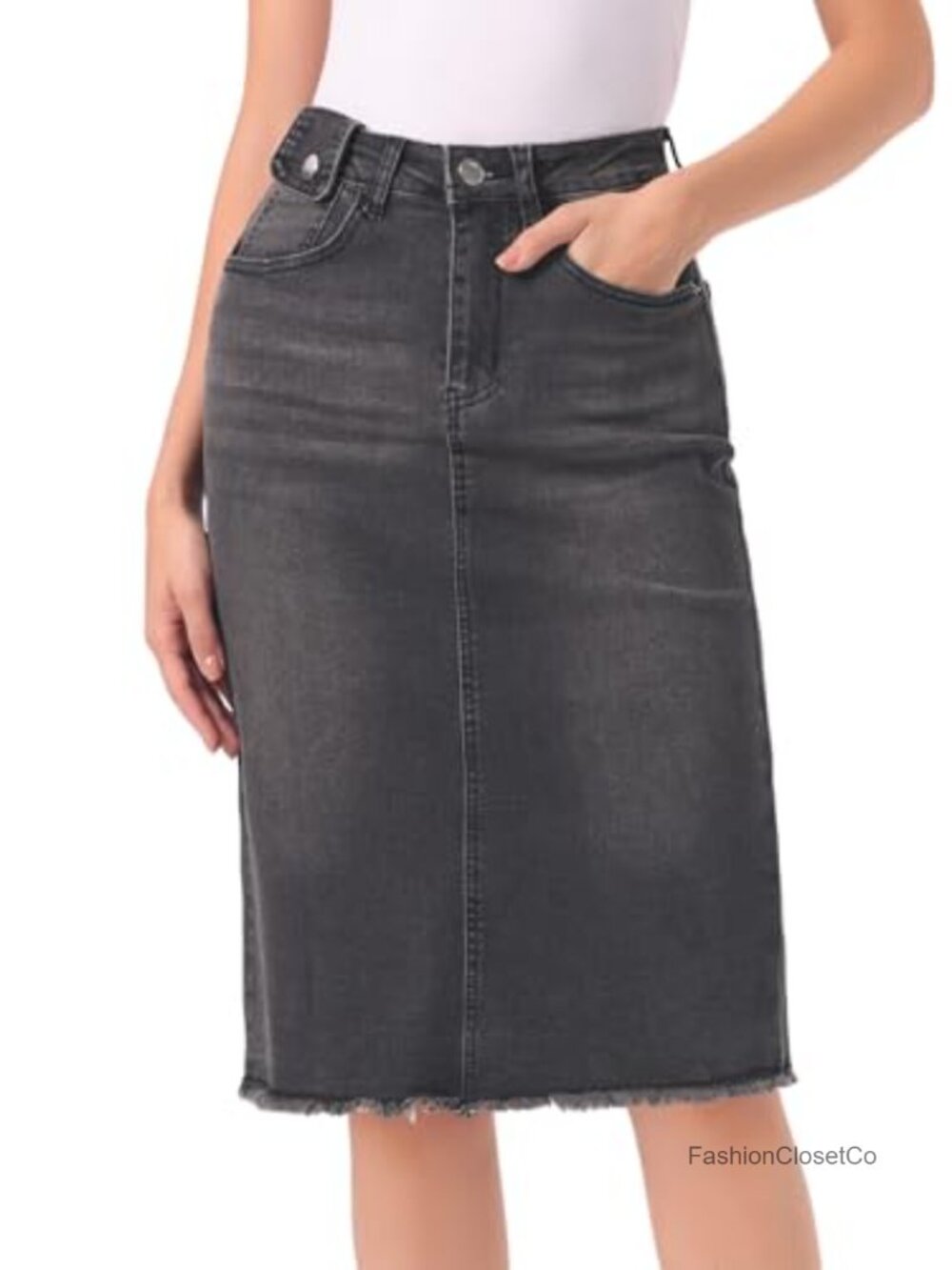 High Waist Midi Denim Jean Skirt Raw Hem A-Line Stretch
